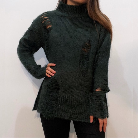 Lush Oversized Distressed Sweater - S / Dark Green - Picture 3 of 5